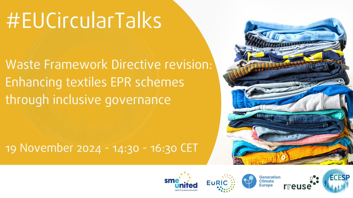 EESC_NAT's tweet image. 🚨 Don’t miss the #EUCircularTalks on textiles &amp;amp; the waste framework directive! 🧵♻️

🗓️19 Nov | 14:30-16:30 CET 📍Online

Focus: Strengthening EPR for textiles through inclusive governance.
Insight from policymakers, industry leaders &amp;amp; civil society.
👉 europa.eu/!wKybdD