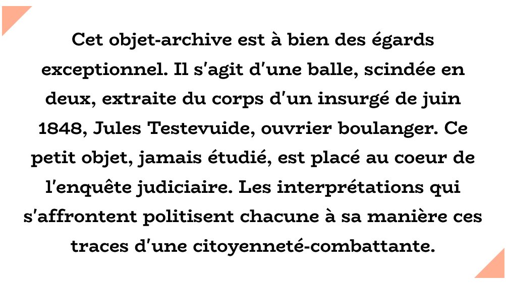 Alexandre Frondizi (@mrepublicanism) on Twitter photo Merci à <a href="/Revolutions19e/">Révolutions XIXe</a> de m'avoir offert l'occasion de présenter sur le site #ObjetsPol l'une de ces sources qui marquent à jamais : une balle extraite de l'épaule d'un boulanger en juin 1848.
Ou quand "avoir du plomb dans l'aile" rendait coupable...
👉objetspol.inha.fr/s/objetspol/it Merci à <a href="/Revolutions19e/">Révolutions XIXe</a> de m'avoir offert l'occasion de présenter sur le site #ObjetsPol l'une de ces sources qui marquent à jamais : une balle extraite de l'épaule d'un boulanger en juin 1848.
Ou quand "avoir du plomb dans l'aile" rendait coupable...
👉objetspol.inha.fr/s/objetspol/it
