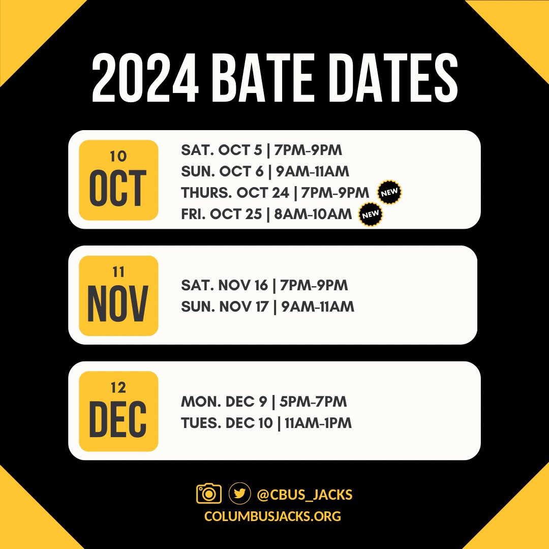 Another overnight registration for Saturday night's bate! Still time to sign up for either November bate date  columbusjacks.org