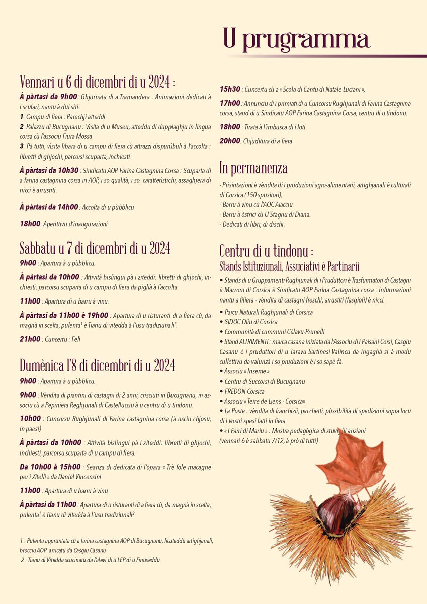 FieraCastagna's tweet photo. 📜 𝑆𝑐𝑢𝑝𝑟𝑖𝑡𝑖 𝑢 𝑝𝑟𝑢𝑔𝑟𝑎𝑚𝑚𝑎

Pà st’edizioni di u 2024, hè un prugramma riccu di scuperti pà a famiglia sana chì s’avvicina ! Feti ci tutti i vostri dumandi in cummentu. https://t.co/YA2qP3GAjf