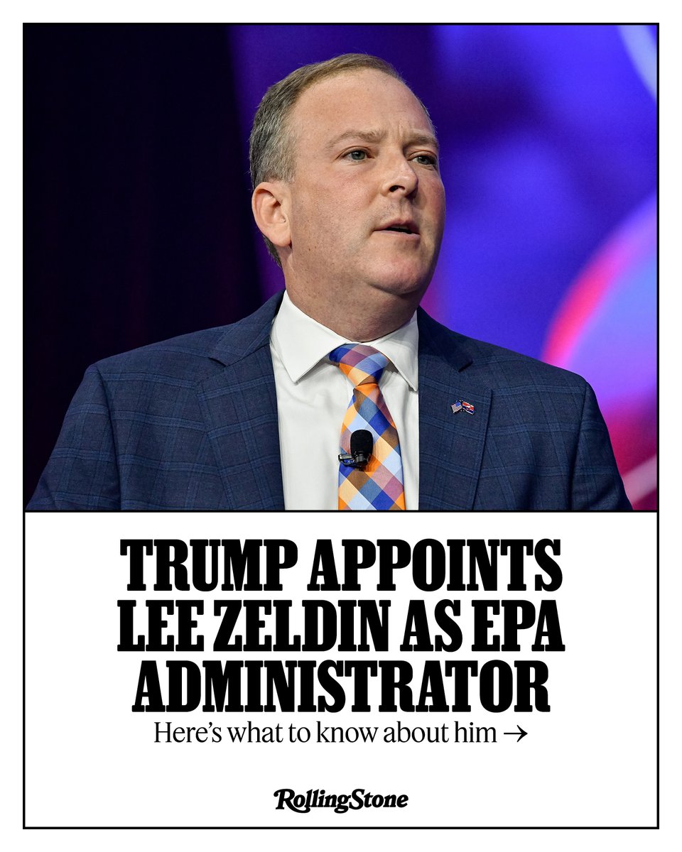 RollingStone's tweet photo. Former Rep. Lee Zeldin (R-N.Y.) is Trump’s choice for Environmental Protection Agency Administrator. In Congress, he earned the worst lifetime record on environmental policy in the entire N.Y. delegation from the League of Conservation Voters.

🔗 https://t.co/yzlhubwV9c https://t.co/fwWxR1FOL7