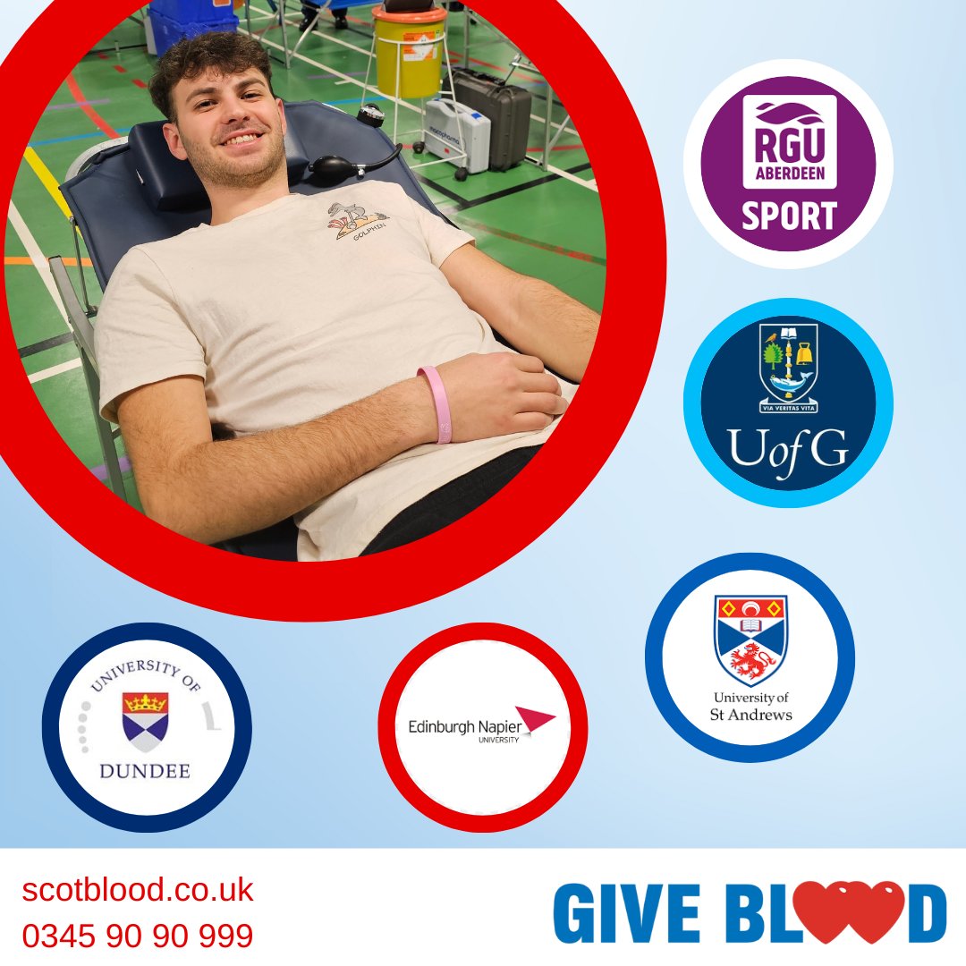 We have lots of University sessions coming up for students and staff to #GiveBlood.
Book today for:
<a href="/RobertGordonUni/">Robert Gordon University (RGU)</a> 21 November 
<a href="/UofGlasgow/">University of Glasgow</a>  27 November
<a href="/univofstandrews/">University of St Andrews</a> 18 November
<a href="/EdinburghNapier/">Edinburgh Napier University</a> 4 December
<a href="/dundeeuni/">University of Dundee</a> 25 November

scotblood.co.uk I 0345 90 90 999