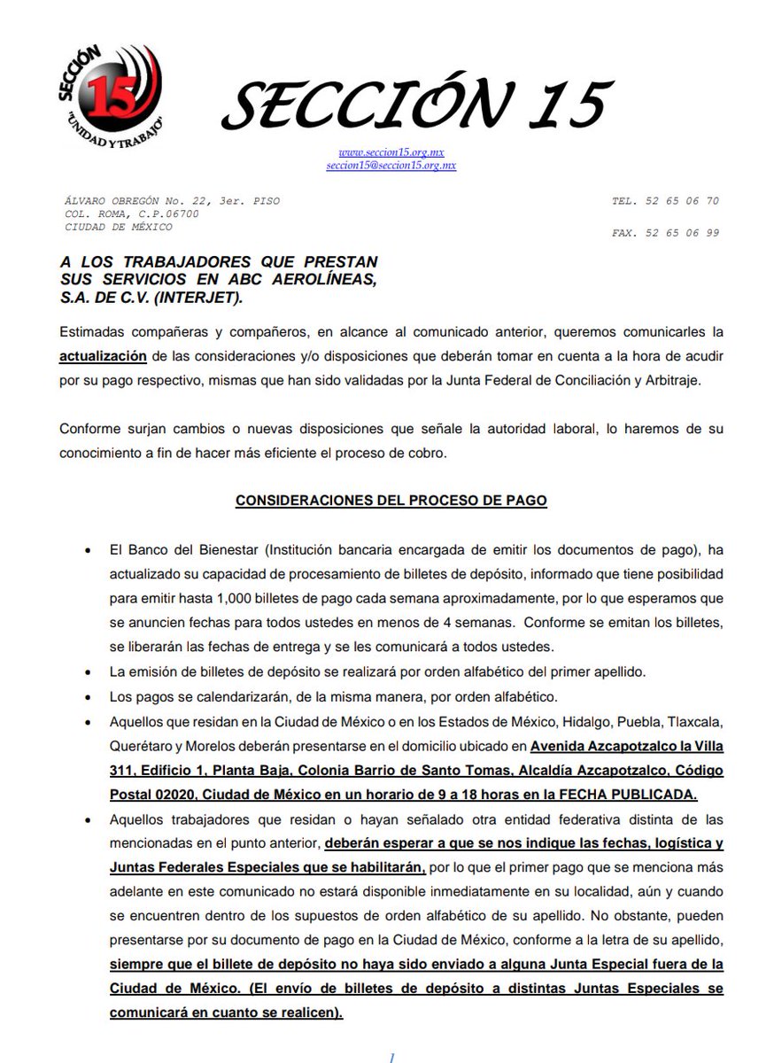 xime_garmendia's tweet image. Muy buenos días compañeros de #Interjet

La #Sección15 ha sacado una nueva circular con la mecánica de cobro, los trabajadores q también prestaron sus servicios en Mexicana, se podrán dar cuenta q es el mismo mecanismo de cobro en la #JFCA