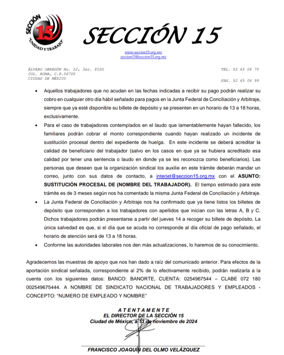 xime_garmendia's tweet image. Muy buenos días compañeros de #Interjet

La #Sección15 ha sacado una nueva circular con la mecánica de cobro, los trabajadores q también prestaron sus servicios en Mexicana, se podrán dar cuenta q es el mismo mecanismo de cobro en la #JFCA