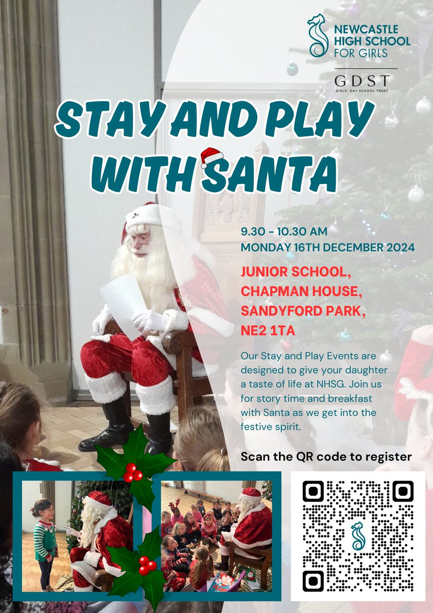 If you have a daughter yet to join NHSG, join us for Stay and Play with Santa on Monday 16th December🎅 

Suitable for girls aged 1 – 6 years. Limited places available, so book now to avoid disappointment: newcastlehighschoolgdst.applicaa.com/events/48

<a href="/NHSGJnrHead/">Emma Barnett</a> #stayandplay #storytime #meetsanta