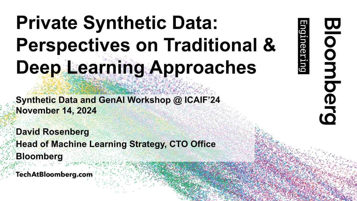 During today's #SyntheticData and #GenAI in Finance Workshop at <a href="/TheOfficialACM/">Association for Computing Machinery</a>'s #ICAIF'24, <a href="/drosen/">David Rosenberg</a>, our Head of #ML Strategy, will deliver an Invited Talk about "Private Synthetic Data: Perspectives on Traditional &amp; #DeepLearning Approaches" (10 AM EST)
bloom.bg/4hO5kCU