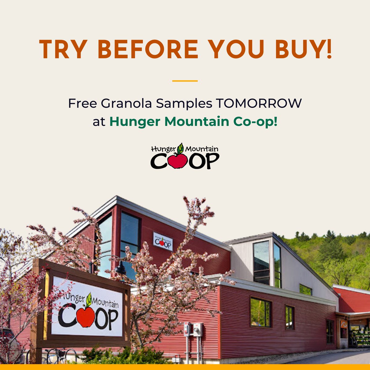 We’re so excited to bring our fresh, handmade granola to the customers of Hunger Mountain Co-op in Montpelier! ✨ Stop by TOMORROW for a free taste and discover your new favorite flavor.

📍 Where: Hunger Mountain Co-op in Montpelier, VT
📅 When: 11/15/24
⏰ Time: 10:30a - 1:30p