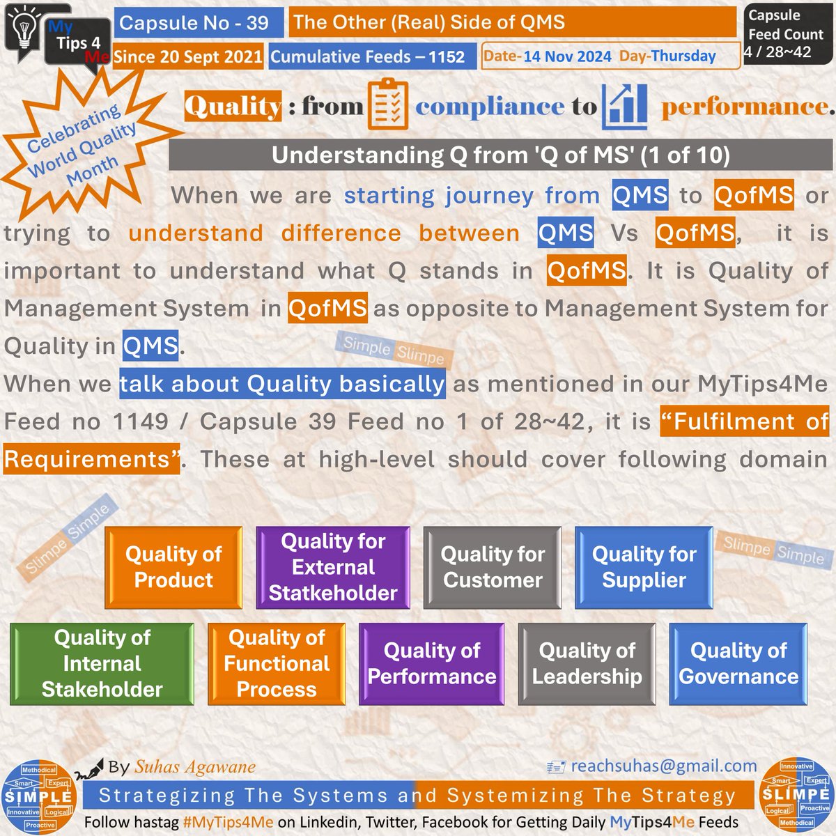 SuhasAgawane's tweet photo. Understanding Q from 'Q of MS' (1 of 10)

#Thursday Feed 1152 (4/42) From Morning Yo Tips For Managerial Excellence #MyTips4Me capsule - 39 'The Other (Real) Side of QMS'

#Quote #Leadership #GoodMorning #Startup #Management #System #Entrepreneur #WQM2024 #WQW2024 #Quality #QMS https://t.co/SiNx5k03VC
