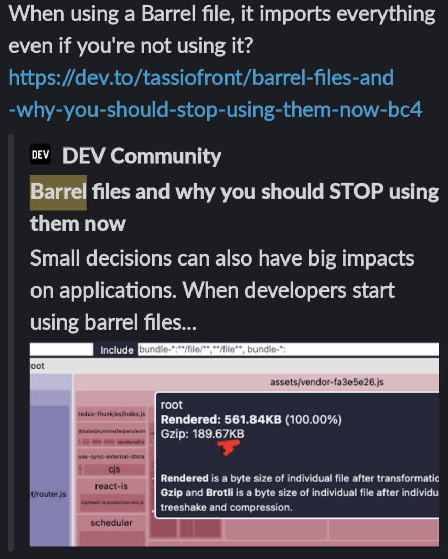 Recently an engineer told me that I should stop using barrel files (index.ts) because it imports everything even if you are not using it. 

Does tree shaking not address this.
Is this a myth? <a href="/mattpocockuk/">Matt Pocock</a>