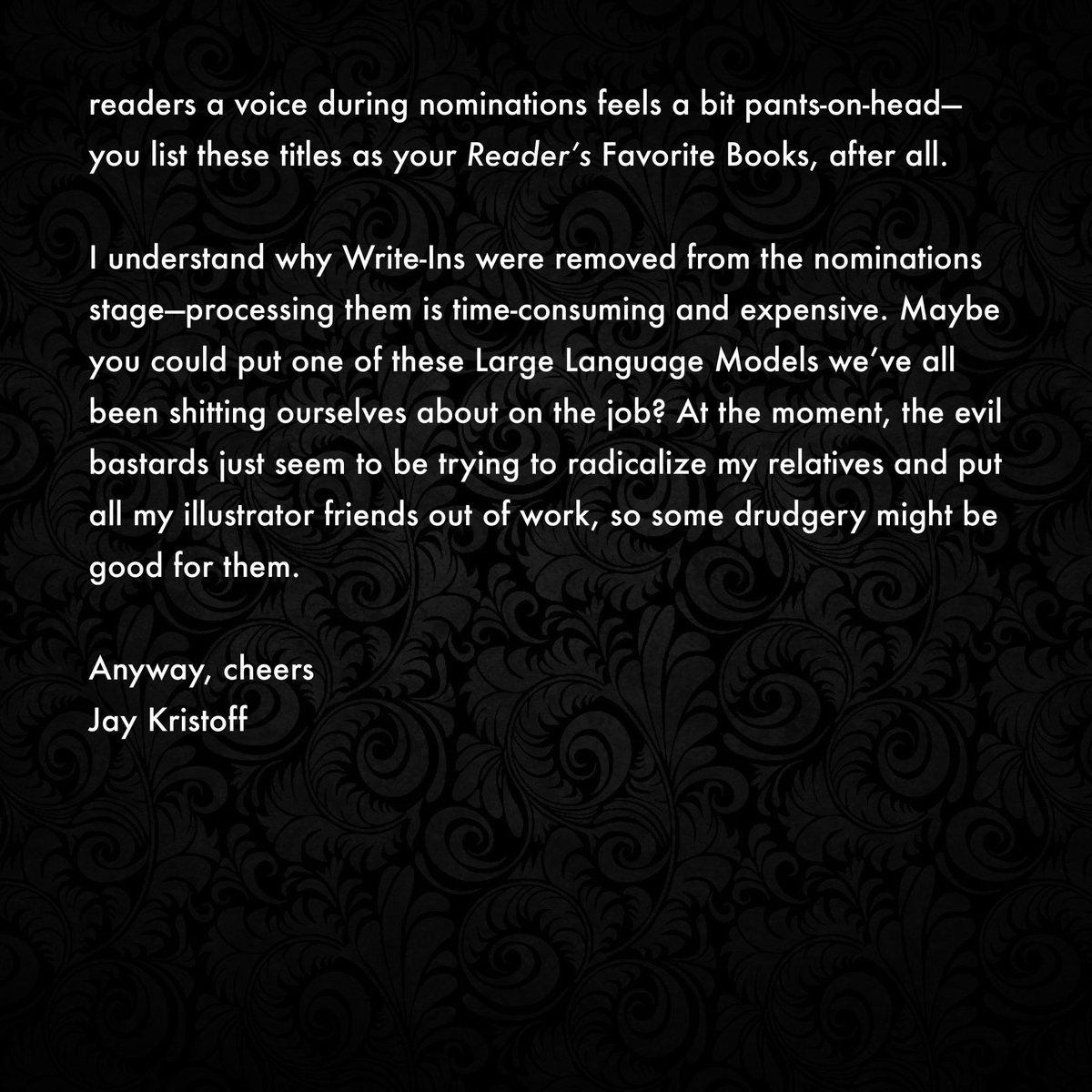 misterkristoff's tweet photo. An open letter to @goodreads 

🖤 https://t.co/ThU7yTpuH9