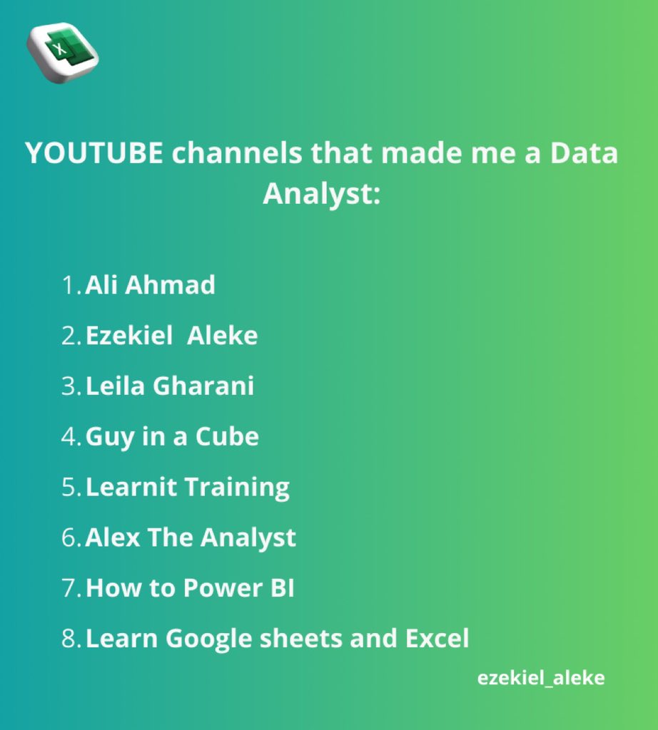 ezekiel_aleke's tweet photo. 8 YouTube channels.

To learn Data Analytics for Free: https://t.co/a690SMCMeK