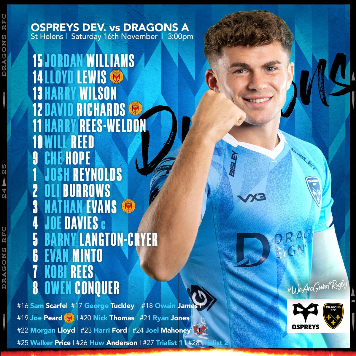 💥 𝙏𝙀𝘼𝙈 | Here is your Dragons 🅰️ team for our friendly 🆚<a href="/ospreys/">Ospreys</a> Development this Saturday ⬇️

🇦🇺 Wilson named at centre 🔥
🤝 Evans, Lewis &amp; Richards <a href="/NewportRFC/">Newport RFC 1️⃣5️⃣0️⃣</a> start 👍
💪 Mahoney from <a href="/PontypoolRFC/">Pontypool RFC</a> on bench 💥
🎟️ shorturl.at/Ep4vI

#WeAreGwentRugby #OSPvDRA