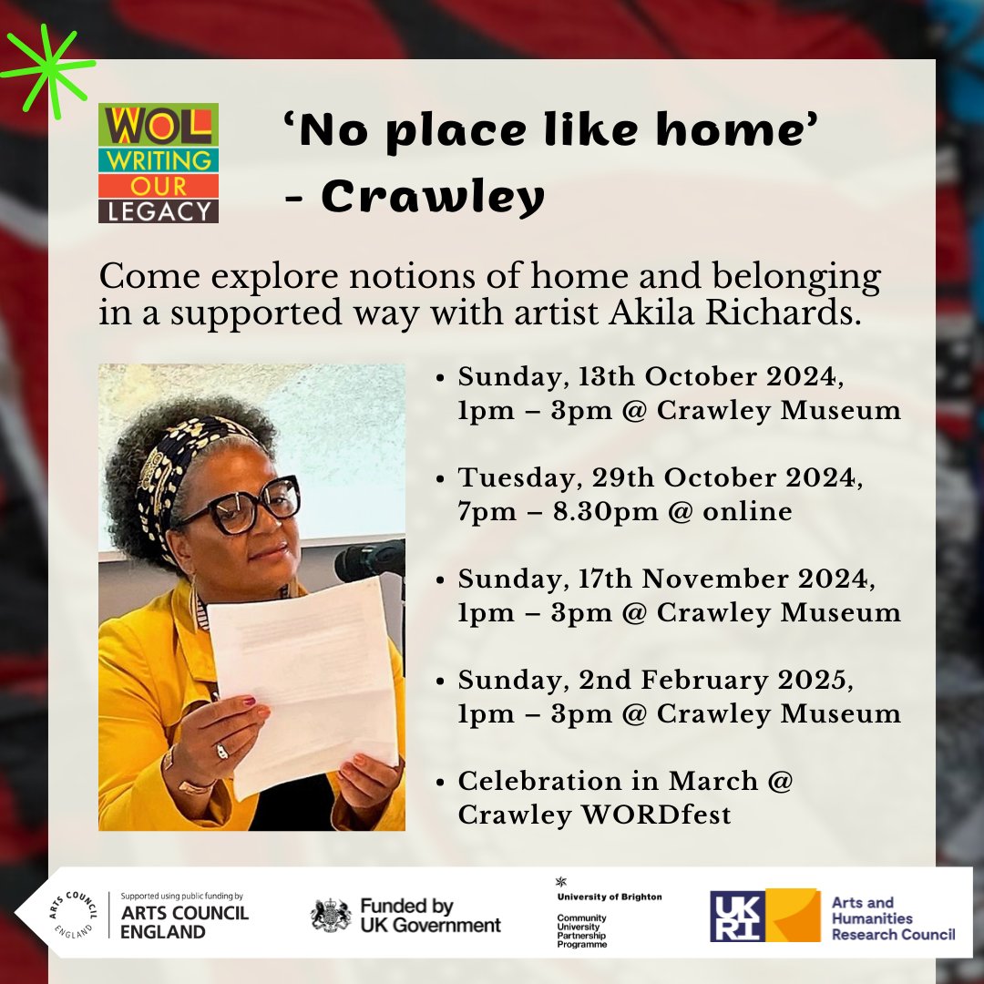 See you tomorrow Crawley! 😍 From 1-3pm we will be at <a href="/CrawleyMuseum/">Crawley Museum</a> for the third workshop of our free series "No place like home". 
Come explore notions of home and belonging in a supported way with artist Akila Richards. writingourlegacy.org.uk/event/no-place…
#Crawleyevents #Freeworkshop