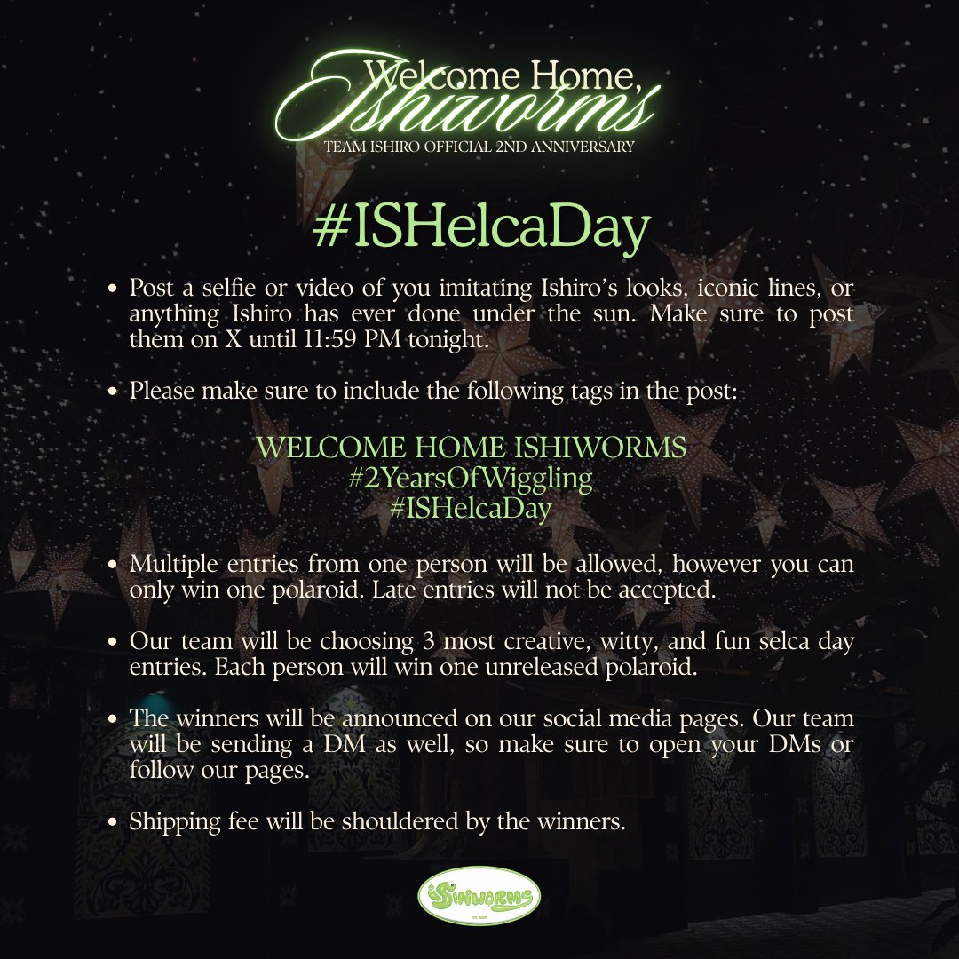 ishiwormsofc's tweet photo. #ISHelcaDay is up! 📸

Channel your inner ISHIRO VIBE, unleash your creativity, and share your best selca. Check out the mechanics below for a shot at an awesome prize! ✨

Let's see your version! 👀

WELCOME HOME ISHIWORMS
#2YearsOfWiggling
#WRIVE_Ishiro @wrive_ishiro https://t.co/SEMbznsCed