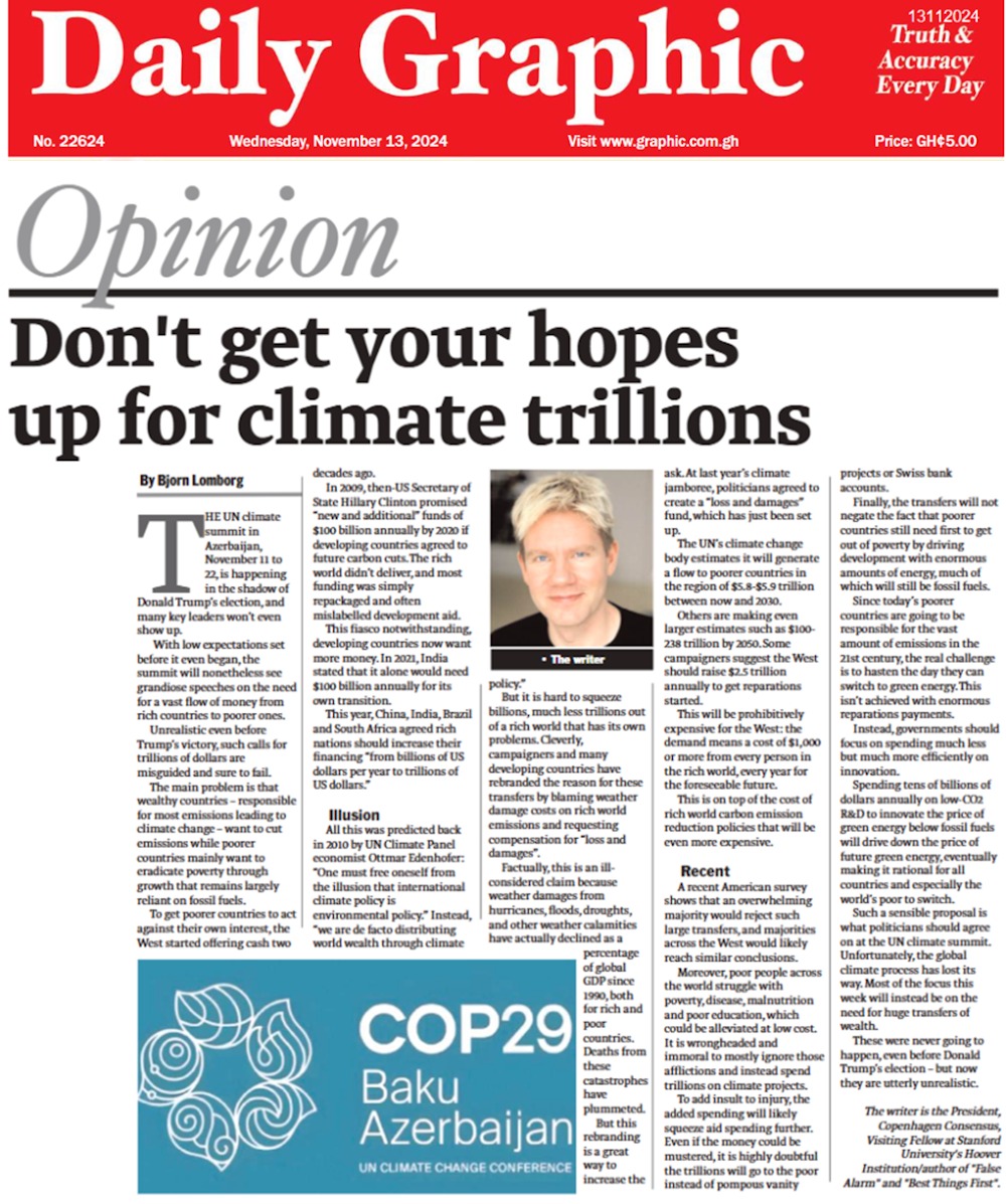 The UN Climate Conference wants to transfer trillions from rich to poor

Not going to happen

Rich world won't

Extreme weather death and cost decreasing

Immoral to spend badly on climate instead of smartly on poverty, hunger, and disease

graphic.com.gh/features/opini…