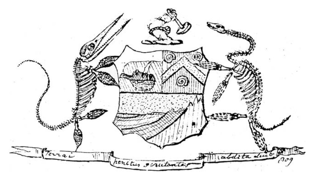 Pteroterror's tweet photo. Proposed coat of arms for the Geological Society (1825) by Henry De La Beche, sadly, not accepted. https://t.co/POHuh0iibi