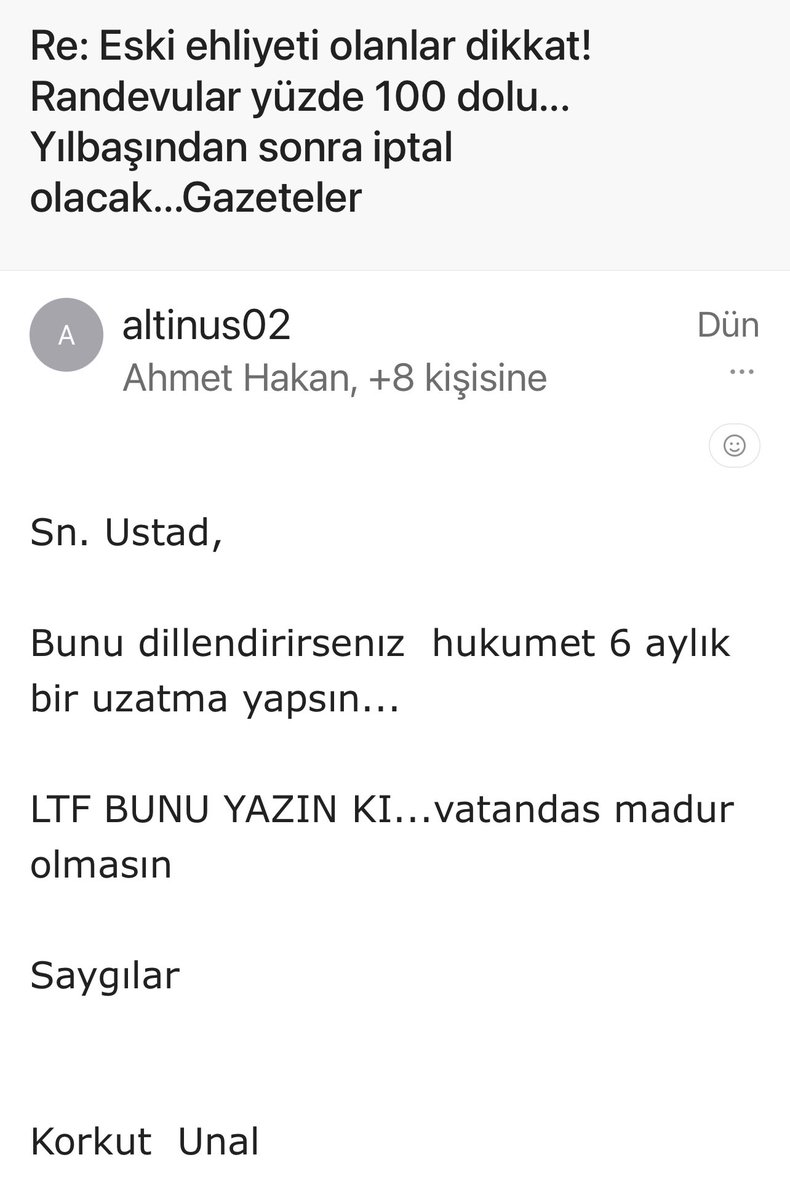 Şu sıralar Ehliyetlerin yenilenmesiyle ilgili çok mesaj alıyorum…

Yoğunluk sebebiyle insanlar randevu alamadıklarını söylüyorlar. 2 milyon ehliyet yenileyecek sürücü var. 

1 Ocak’tan sonra ehliyet yenileme bedeli 7 bin 433 lira olacak. Yoğunluk da bundan. Son kez bir 6 aylık
