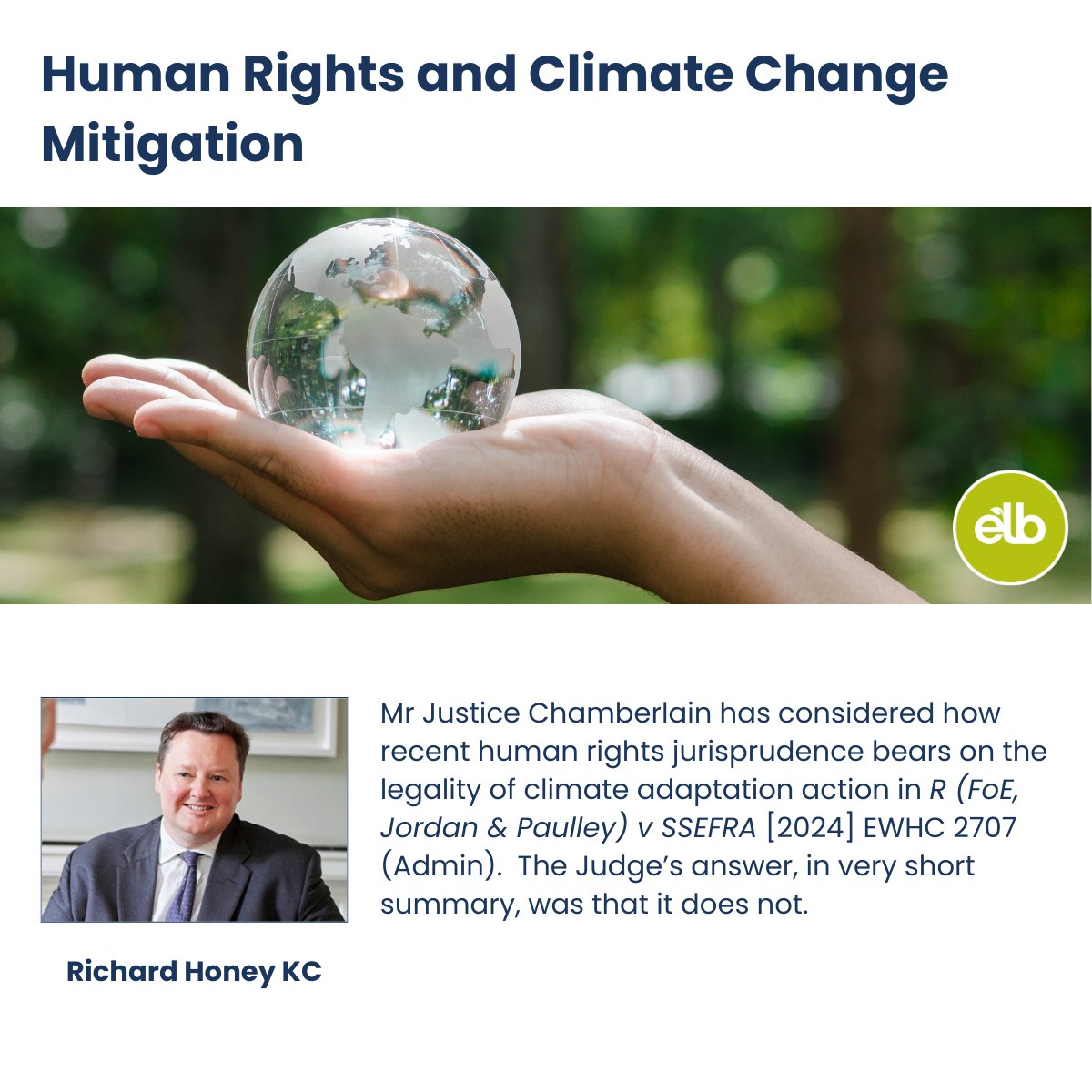 EnvLaw_Blog's tweet image. In this latest #elb post, @FTB_law&apos;s @RichardHoney provides a summary of the judgment in R (FoE, Jordan &amp;amp; Paulley) v SSEFRA [2024] EWHC 2707 (Admin): tinyurl.com/2b2tvyry
Subscribe to #elb: tinyurl.com/s9mdk4je
#environmentallaw #climatechange #judicialreview