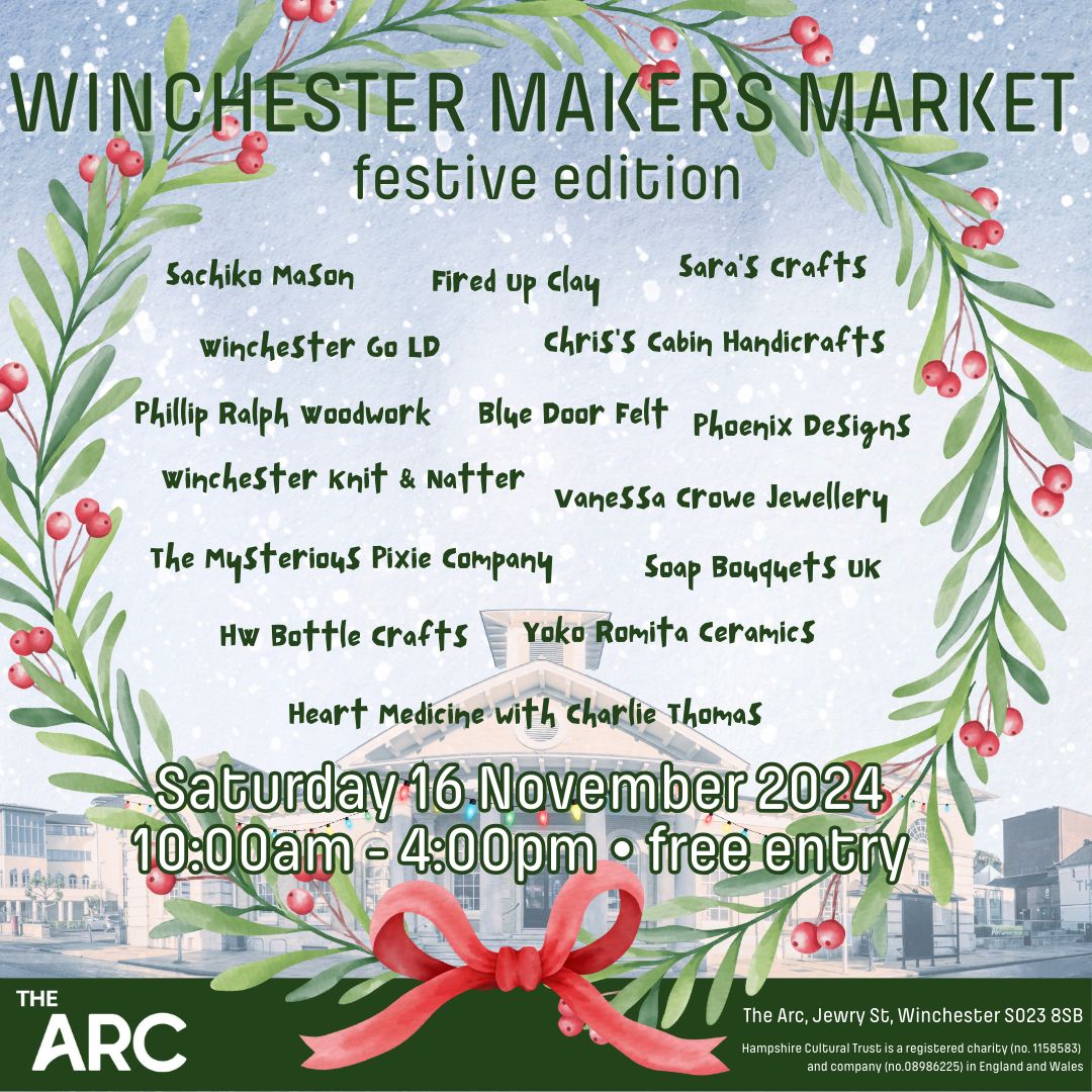 🎄 THIS SATURDAY🎄 

Introducing our fabulous makers!

The Winchester Makers Market will showcase an array of locally crafted goods from artists and creatives in our community- find them all around the ground floor of the library.

Event: 16 November 2024 10-4pm
Free Entry