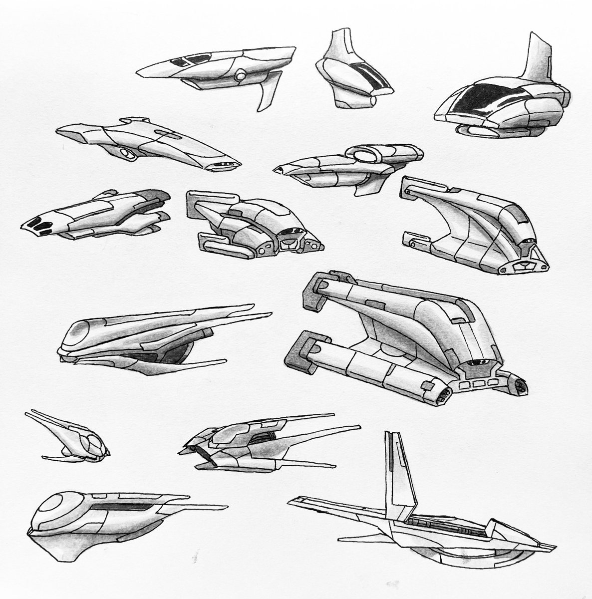 ExoArtMakes's tweet photo. Mass Effect Starship Concepts III - More traditional drawings of starship design explorations, for this page I focused on Asari, Elcor, and Hanar ship concepts https://t.co/oc0jhB7eEa