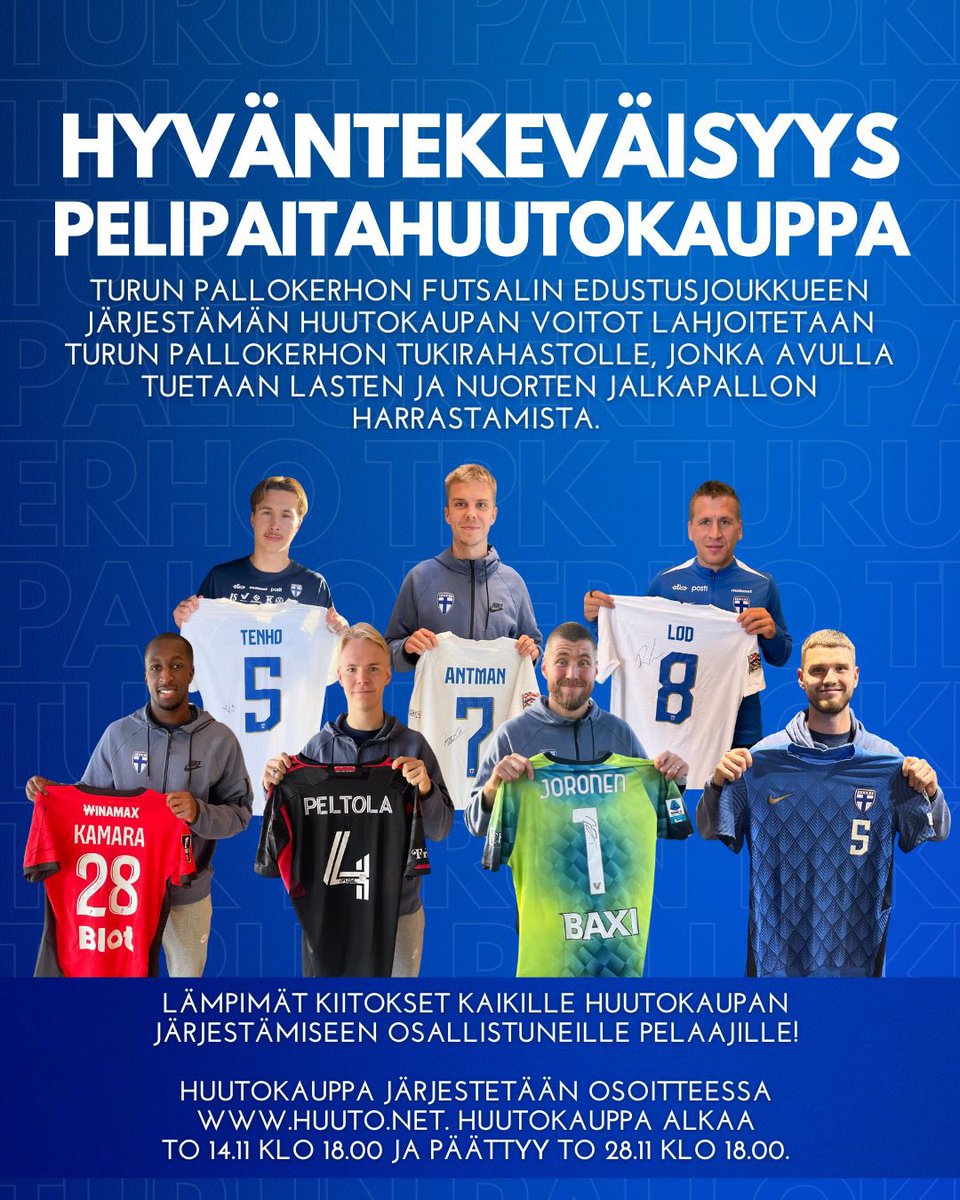 PELIPAITAHUUTOKAUPPA! 🔥

Turun Pallokerho ry tulevan 90v juhlavuoden kunniaksi seuran futsalin edustusjoukkue järjestää pelipaitahuutokaupan, jonka voitot lahjoitetaan TPK:n Tukirahastolle. Tukirahaston avulla tuetaan lasten ja nuorten harrastamista.

huuto.net/haku/sellernro…