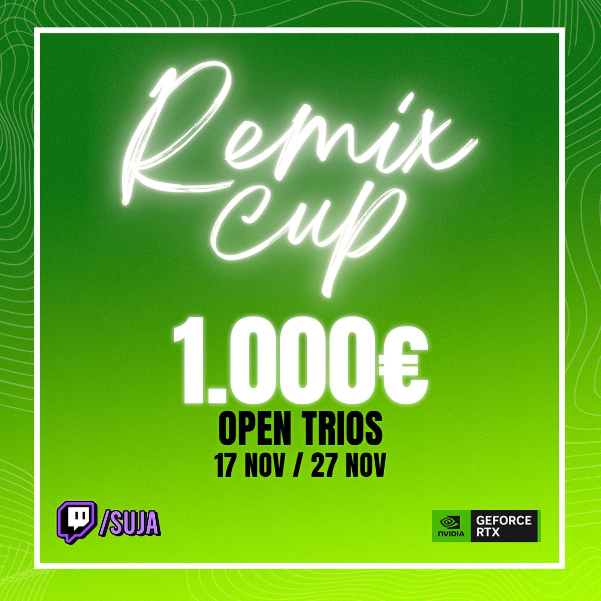 SUJA (@suja_gg) on Twitter photo Vamos a cerrar este #FortniteRemix con un torneo brutal en tríos junto a <a href="/NVIDIAGeForceES/">NVIDIA GeForce ES</a> 💚
Todo este domingo, 2 clasificatorios y 1.000€ en premios 🏆
Tienes que jugar los opens para tener invitación a la gran final!
Apúntate: wls.ac/NVIDIAREMIX
#FramesWinGames Vamos a cerrar este #FortniteRemix con un torneo brutal en tríos junto a <a href="/NVIDIAGeForceES/">NVIDIA GeForce ES</a> 💚
Todo este domingo, 2 clasificatorios y 1.000€ en premios 🏆
Tienes que jugar los opens para tener invitación a la gran final!
Apúntate: wls.ac/NVIDIAREMIX
#FramesWinGames
