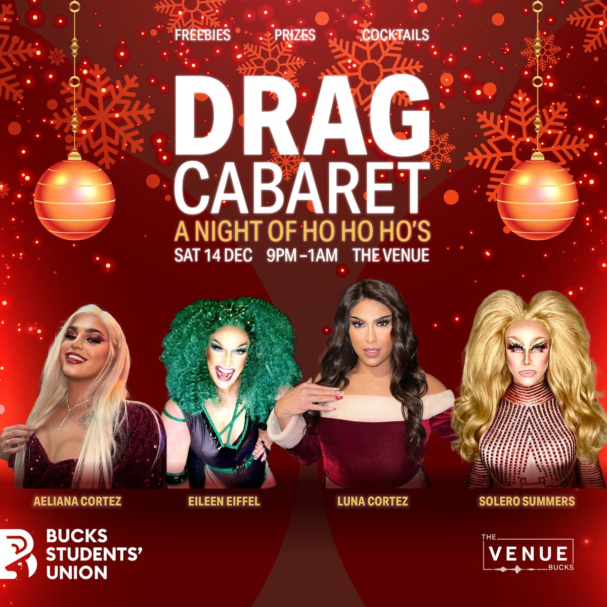 A Night of Ho Ho Ho’s 🎄
Join us on 14th December for a fabulous night of festive fun, glamour, and fierce performances at our Christmas Drag Cabaret! Get ready for a show packed with laughter, jaw-dropping acts, and holiday spirit like you've never seen.
🎟️Tickets  on sale now!