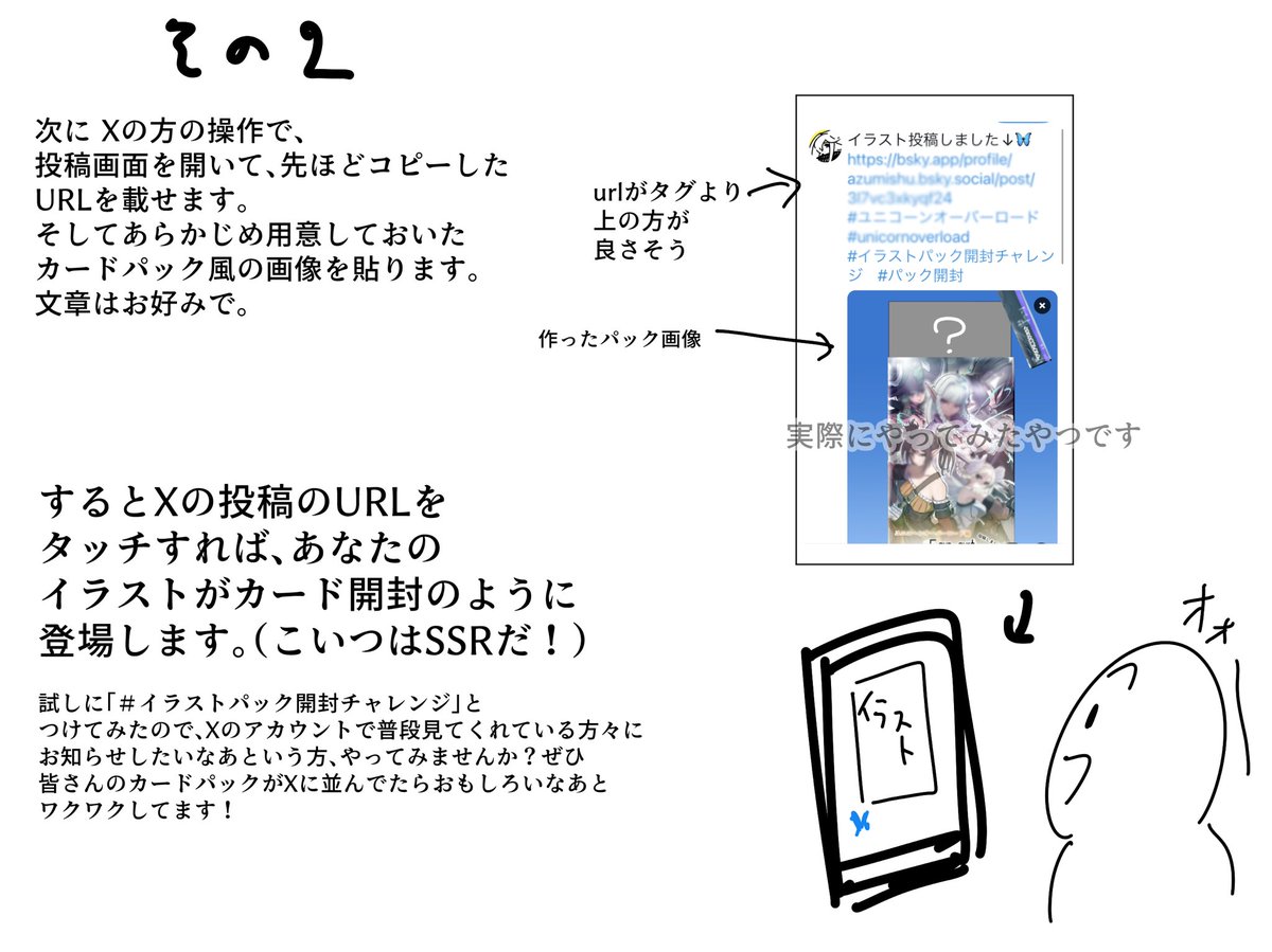 「Xに愛着あるけどblueskyや他のサイトにイラストを投稿していきたい」という、
絵を描く方に楽しそうな方法を考えてみました。
やりませんかね?