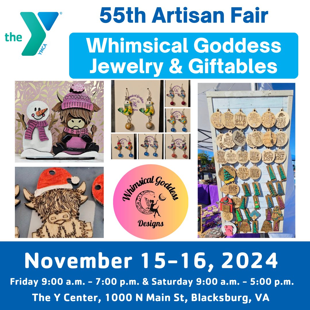 vtymca's tweet image. Meet Your Vendors!
Whimsical Goddess Jewelry &amp;amp; Giftables from Dublin, VA, is joining the YMCA&apos;s 55th Artisan Fair! Discover handmade, colorful, and fun jewelry and décor—perfect to wear, play with, or brighten up your space!

🗓️ Nov 15-16
📍 The Y Center
#YMCAArtisanFair