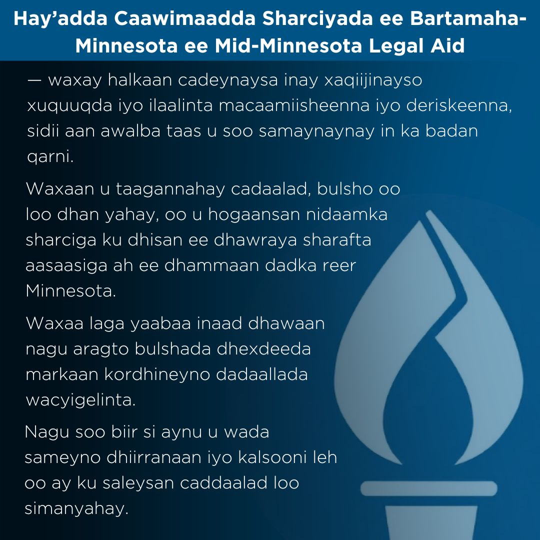 legal_aid_MN's tweet photo. Hay’adda Caawimaadda Sharciyada ee Bartamaha-Minnesota ee Mid-Minnesota Legal Aid!
#LegalAid #MNDisabilityLawCenter #ImmigrationLawProject https://t.co/5iB1yruhh7