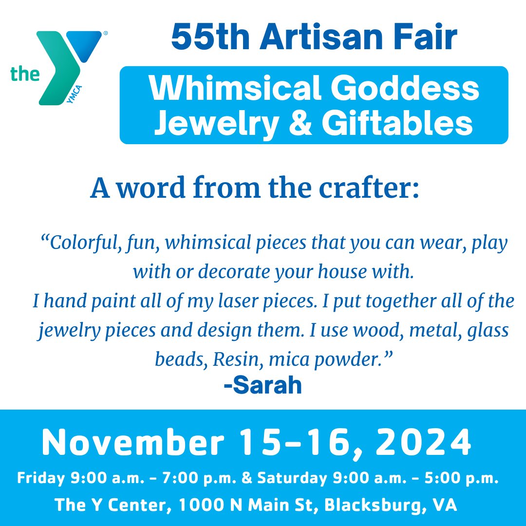 Meet Your Vendors!
Whimsical Goddess Jewelry &amp; Giftables from Dublin, VA, is joining the YMCA's 55th Artisan Fair! Discover handmade, colorful, and fun jewelry and décor—perfect to wear, play with, or brighten up your space!

🗓️ Nov 15-16
📍 The Y Center
#YMCAArtisanFair