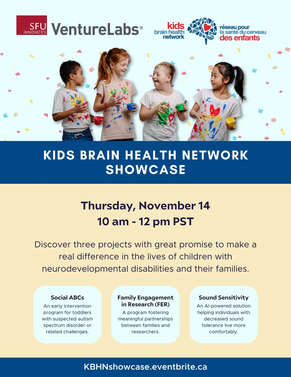 KidsBrainHealth's tweet image. Have you registered yet? The Kids Brain Health Network showcase organized by @SFUVentureLabs is happening TODAY at 10am PST!  👉 Get your seats now! eventbrite.ca/e/kids-brain-h… 

 #KBHNShowcase #NeurodevelopmentalDisabilities #Innovation #Research #Community