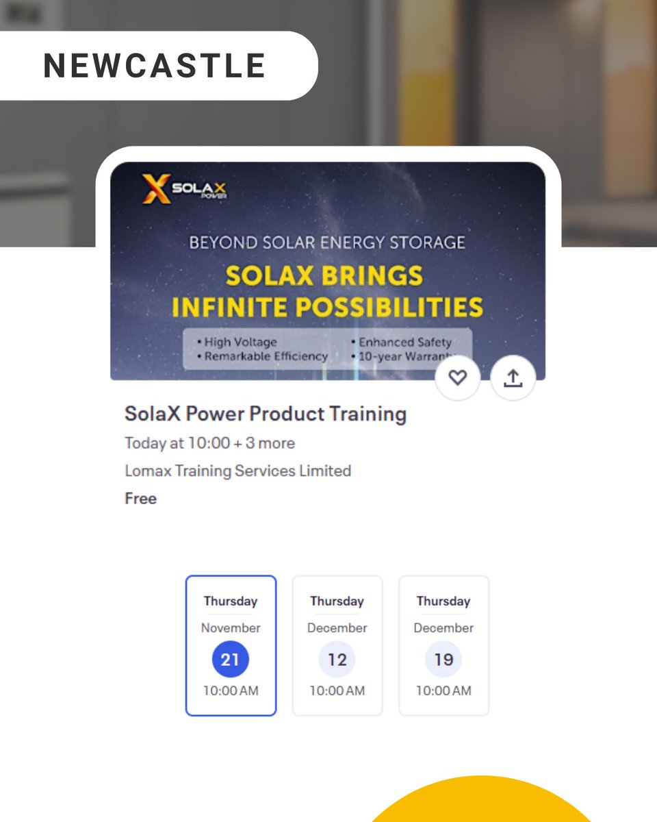 Enter 2025 with expert <a href="/Solaxpower_uk/">Solax Power UK</a> product training and installation knowledge! 🌞

📍 Location: HQ in Atherstone
eventbrite.co.uk/e/solax-power-…

📍 Location: Newcastle Upon Tyne
eventbrite.co.uk/e/solax-power-…

💻 E-learning:
kb.solaxpower.com/e-Learning.html

#SolaXPower #SolaXTraining #GreenEnergy