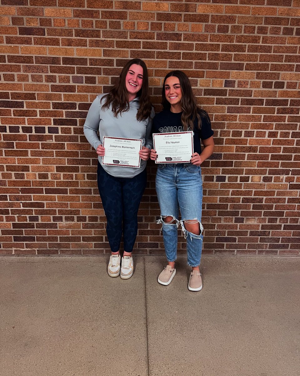 We are honored to have these ladies recognized by the state for their Academic All-State achievements. 

From left to right (Josie Manternach &amp; Ella Naumen)

Must have two of the three requirements: 

3.75 GPA
27 or higher ACT
Be in top 20% of their class