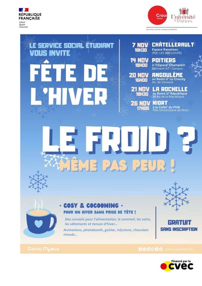 ❄️ Lancement de la Fête de l'Hiver ❄️

L'objectif ? Aider les étudiants à aborder l'hiver avec sérénité !
🤝 Initié par le service social étudiant du <a href="/POITIERS_CROUS/">Crous Poitiers</a> et de l'<a href="/UnivPoitiers/">Université de Poitiers</a>, accompagné par de nombreux partenaires dont la <a href="/FonPoitiersUniv/">Fondation Poitiers Université</a>.
📎 fondation.univ-poitiers.fr/fete-de-lhiver/