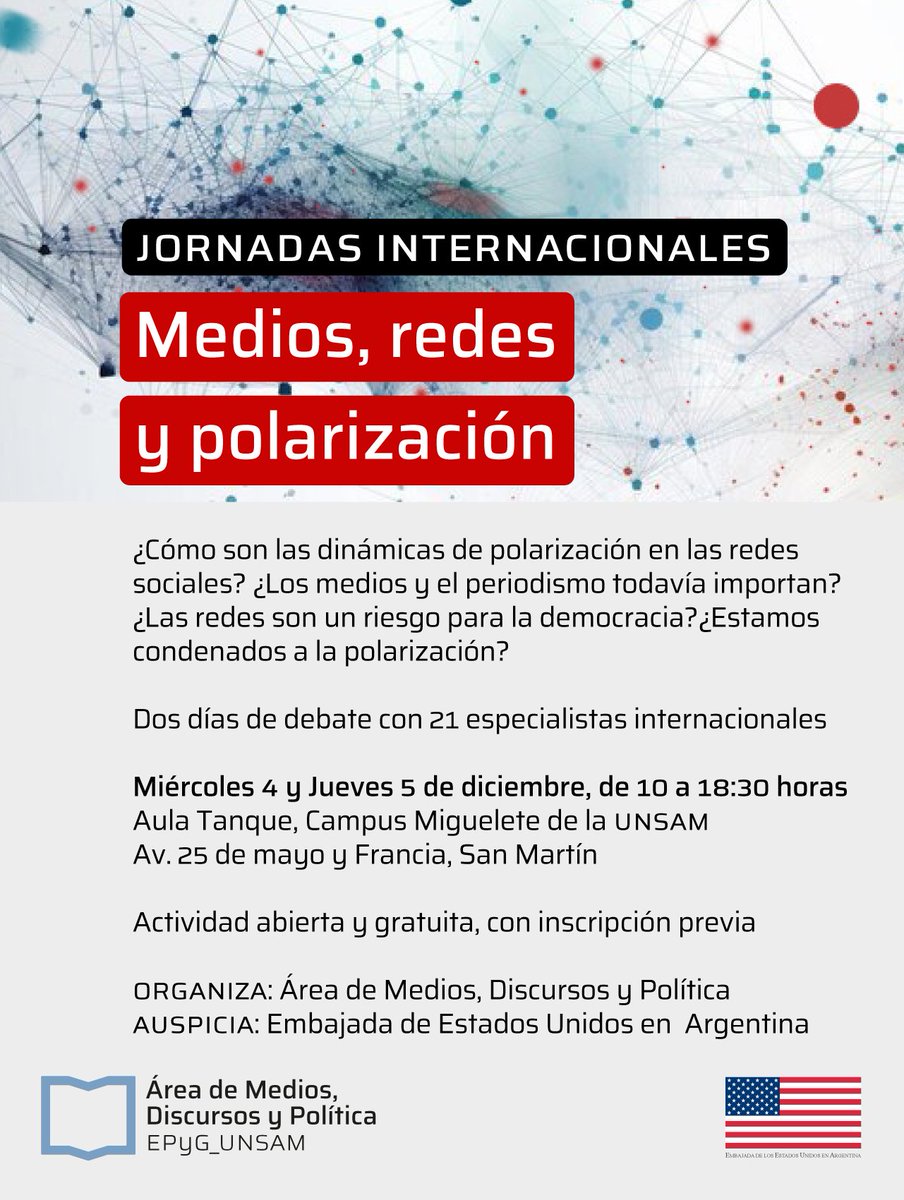 UNSAM_EPyG's tweet photo. #Agendar Jornadas Internacionales “Medios, redes y polarización”, con destacados especialistas nacionales e internacionales.

📌4 y 5 de diciembre, Aula Tanque, Campus @unsamoficial 

✍️Inscribite acá: https://t.co/fodAZ31rQv

📖Programa y +info 👇

https://t.co/DZ0oHpR9m7 https://t.co/Lv06s3nHP9