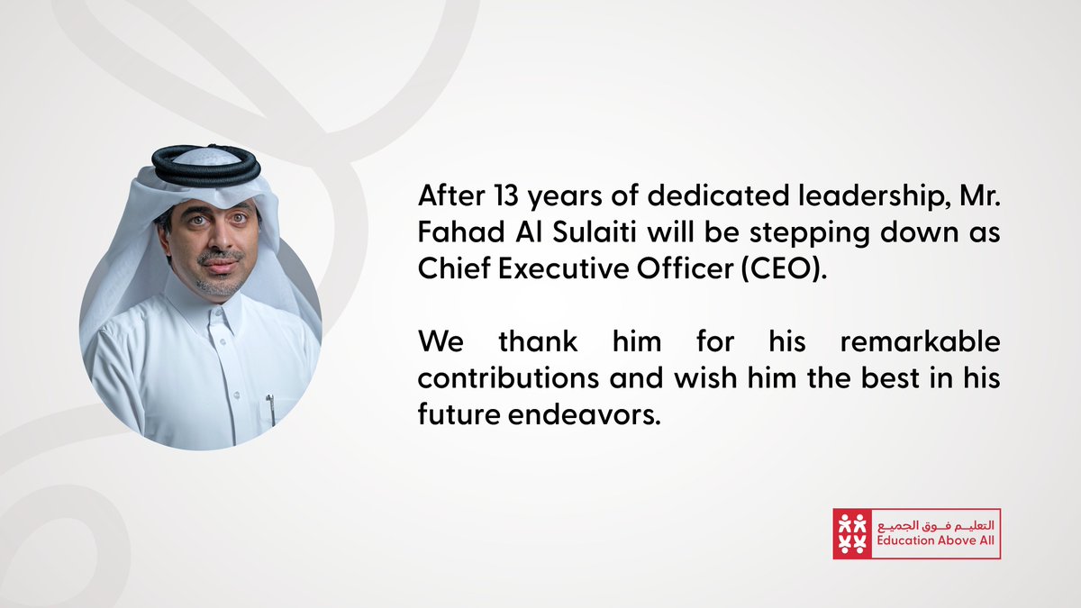 Education Above All Foundation (@eaa_foundation) on Twitter photo After 13 years of impactful leadership, we bid farewell to Mr. Fahad Al Sulaiti as he steps down as CEO of <a href="/EAA_Foundation/">Education Above All Foundation</a>. We thank him for his remarkable contributions and wish him the best in his future endeavors.
Welcome to Acting CEO Mr. Mohamed Al Kubaisi! After 13 years of impactful leadership, we bid farewell to Mr. Fahad Al Sulaiti as he steps down as CEO of <a href="/EAA_Foundation/">Education Above All Foundation</a>. We thank him for his remarkable contributions and wish him the best in his future endeavors.
Welcome to Acting CEO Mr. Mohamed Al Kubaisi!