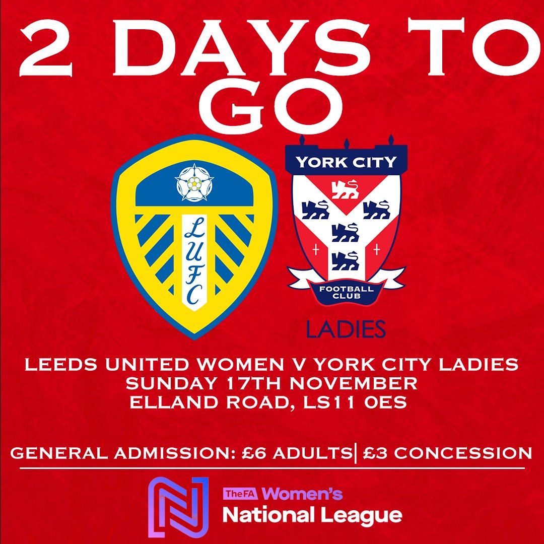 YorkCityLFC's tweet photo. Just 2️⃣ days to go!

We are going to need your support at Elland Road on Sunday afternoon. Bring the noise and get your tickets today 🏟

🎟https://t.co/jawIRk4Ncu

#YCLFC #MinsterBelles https://t.co/ZqTXbau10F