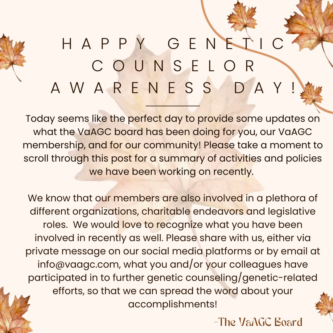 Va_AGC's tweet photo. The Virginia Association of Genetic Counselors is constantly working to support our state GCs as well as the profession as a whole. Here are the most recent things our board members have been working on!

#IAmAGeneticCounselor #VAAGC https://t.co/Bts84IN2Mz