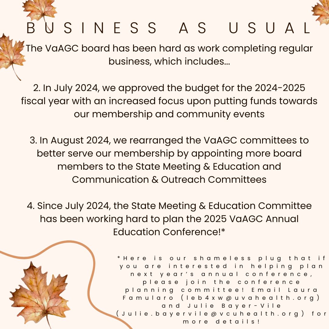 Va_AGC's tweet photo. The Virginia Association of Genetic Counselors is constantly working to support our state GCs as well as the profession as a whole. Here are the most recent things our board members have been working on!

#IAmAGeneticCounselor #VAAGC https://t.co/Bts84IN2Mz