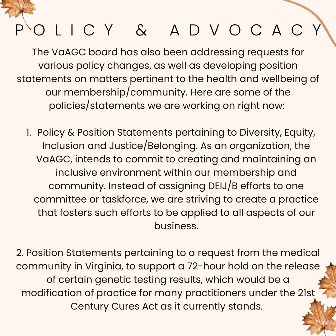 Va_AGC's tweet photo. The Virginia Association of Genetic Counselors is constantly working to support our state GCs as well as the profession as a whole. Here are the most recent things our board members have been working on!

#IAmAGeneticCounselor #VAAGC https://t.co/Bts84IN2Mz