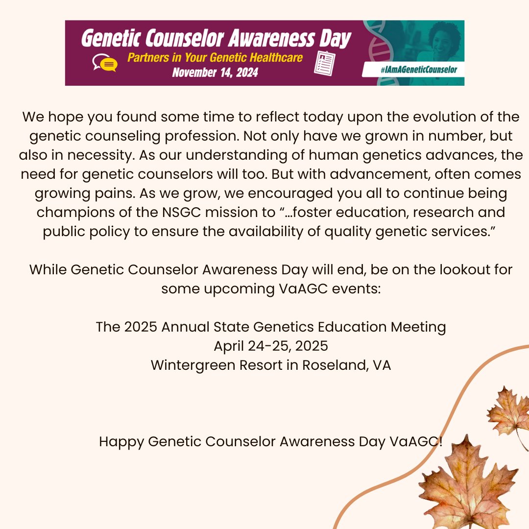 Va_AGC's tweet photo. We are always interested in your feedback as to how we can continue to better support you as a genetic counselor too! #GeneticCounselorAwarenessDay  
https://t.co/ctrThrrWWm https://t.co/O5AMc1ZDh5
