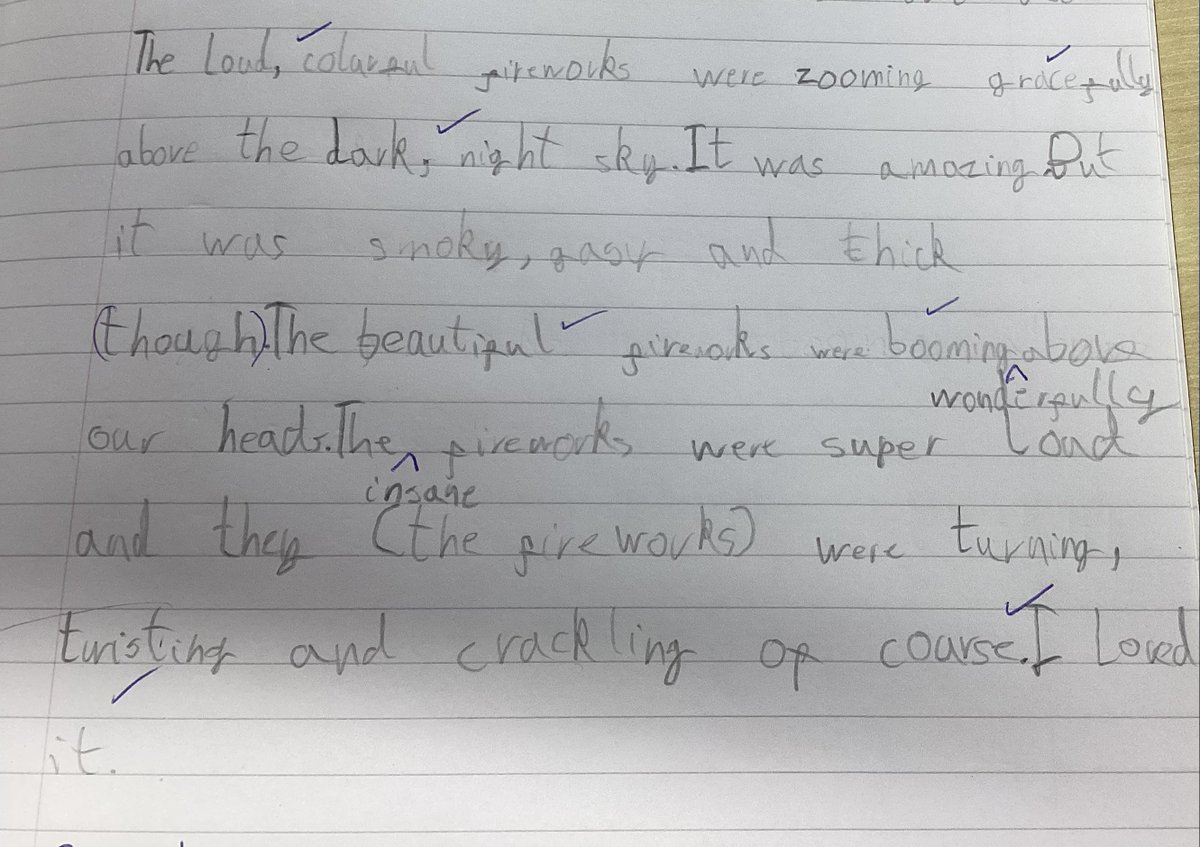 LittleSuttonCoE's tweet photo. Year 2 have been learning to use a comma in between adjectives. We took inspiration from bonfire night as well as our text ‘The owl who was afraid of the dark’ to create a description about fireworks #pathwaystowrite #jilltomlinson https://t.co/eAkBEOVbMp
