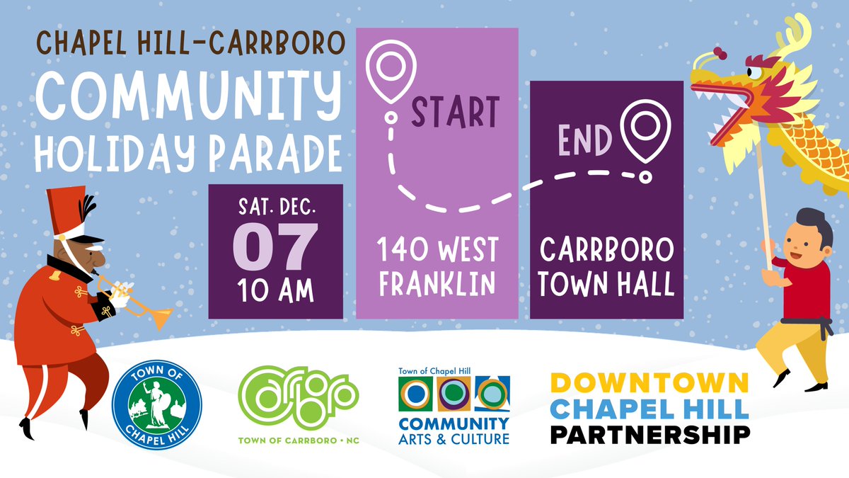 Celebrate the magic of our community this holiday season! ❄️ Help us cheer on 40+ arts, cultural, and community groups at the Chapel Hill-Carrboro Holiday Parade.

📅 Saturday, Dec. 7 at 10am
📍 Start: 140 West Franklin Plaza
📍 End: Carrboro Town Hall
🔗 i.mtrbio.com/sixcadxbbe