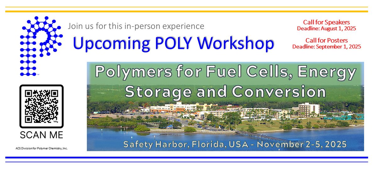 POLY_ACS's tweet photo. Mark your calendars for Polymers for Fuel Cells, Energy Storage, and Conversion in 2025!
Workshop details: https://t.co/L2Z11NZjks
#POLYworkshop #networkwithPOLY https://t.co/as2UVANfUu