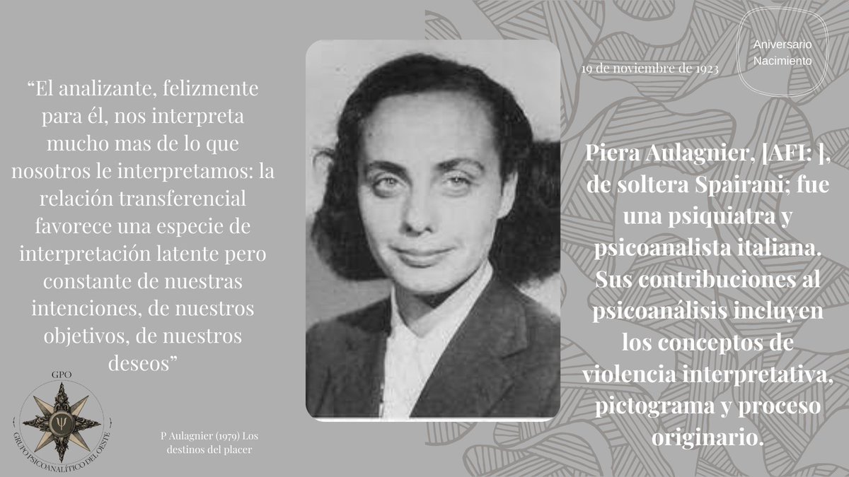 grupopsioeste's tweet photo. Recordamos a Piera Aulagnier en el aniversario de su nacimiento.
#aniversarionacimiento #GPO #grupopsicoanaliticodeloeste #PieraAulagnier #psicosisdeniño https://t.co/j2VfNdTjee