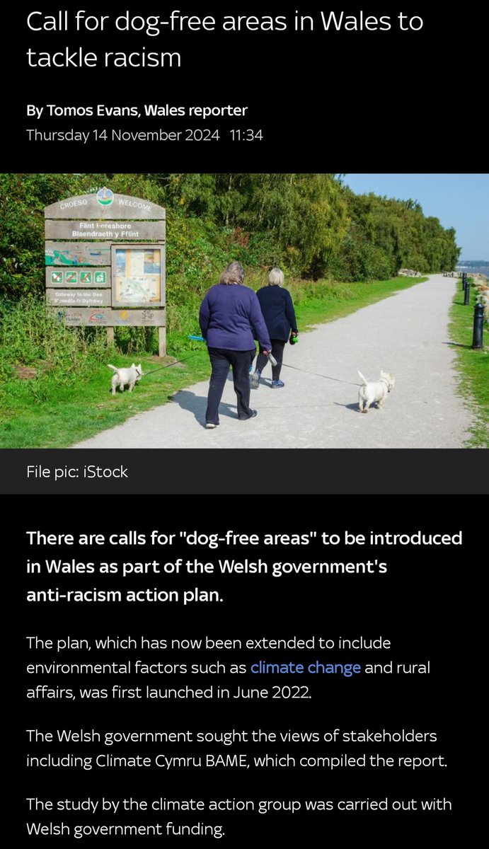 "Call for dog-free areas in Wales to tackle racism."

Make it make sense?
Welsh government money being wasted on this kind of rubbish.

#skynews #Wales #racism
