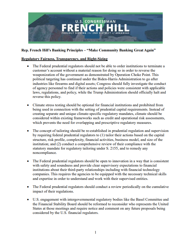 RepFrenchHill's tweet photo. I have a plan to make community banking great again in this country. I welcome feedback on these principles and look forward to advancing @realDonaldTrump's economic growth agenda and bringing fresh ideas to support banks of all sizes.
Read more⬇️
https://t.co/u4u9HkEVmv https://t.co/UJFWx9WNiZ