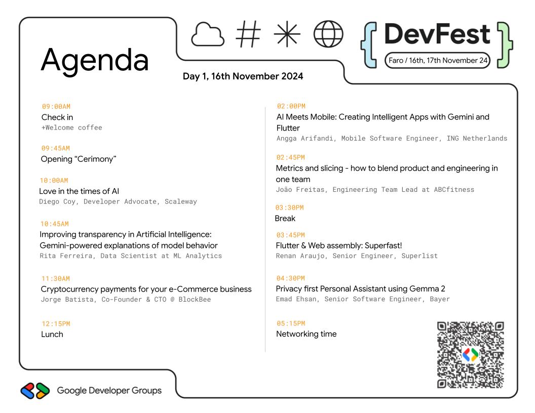 📢 Get ready for DevFest 2024 in Faro! 🚀

We’re  thrilled to share an action-packed agenda for Day 1 (of 2), filled with  inspiring sessions and innovative tech talks. #network #value #insights #devfest #community
🗓️ 16th and 17th Nov 2024
☕  9:00 AM gdg.community.dev/events/details…