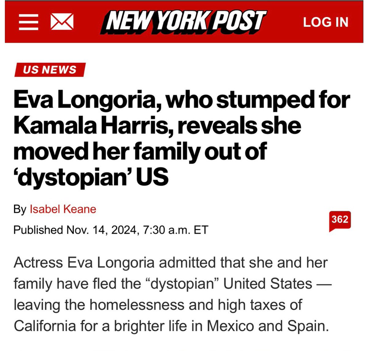 robbystarbuck's tweet photo. So @EvaLongoria moved her family to Mexico and Spain because of high taxes and homelessness caused by Democrat policies in California yet she spent the past few months trying to get Kamala Harris elected to nationalize these same policies.

Latinos have a word for that Eva: LOCA! https://t.co/MIXi5Jj2YY